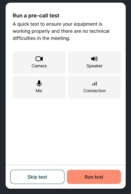 A popup window which describes an option to test each of the components needed for telemedicine, camera, microphone, speaker and connection.