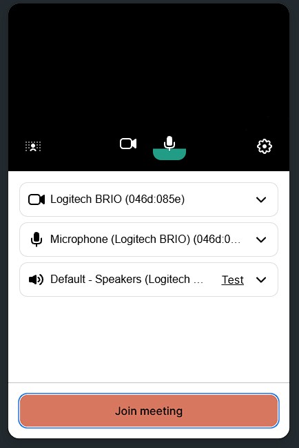 A picture of a pop up window which shows the microphone and camera are working, and a join meeting button is present